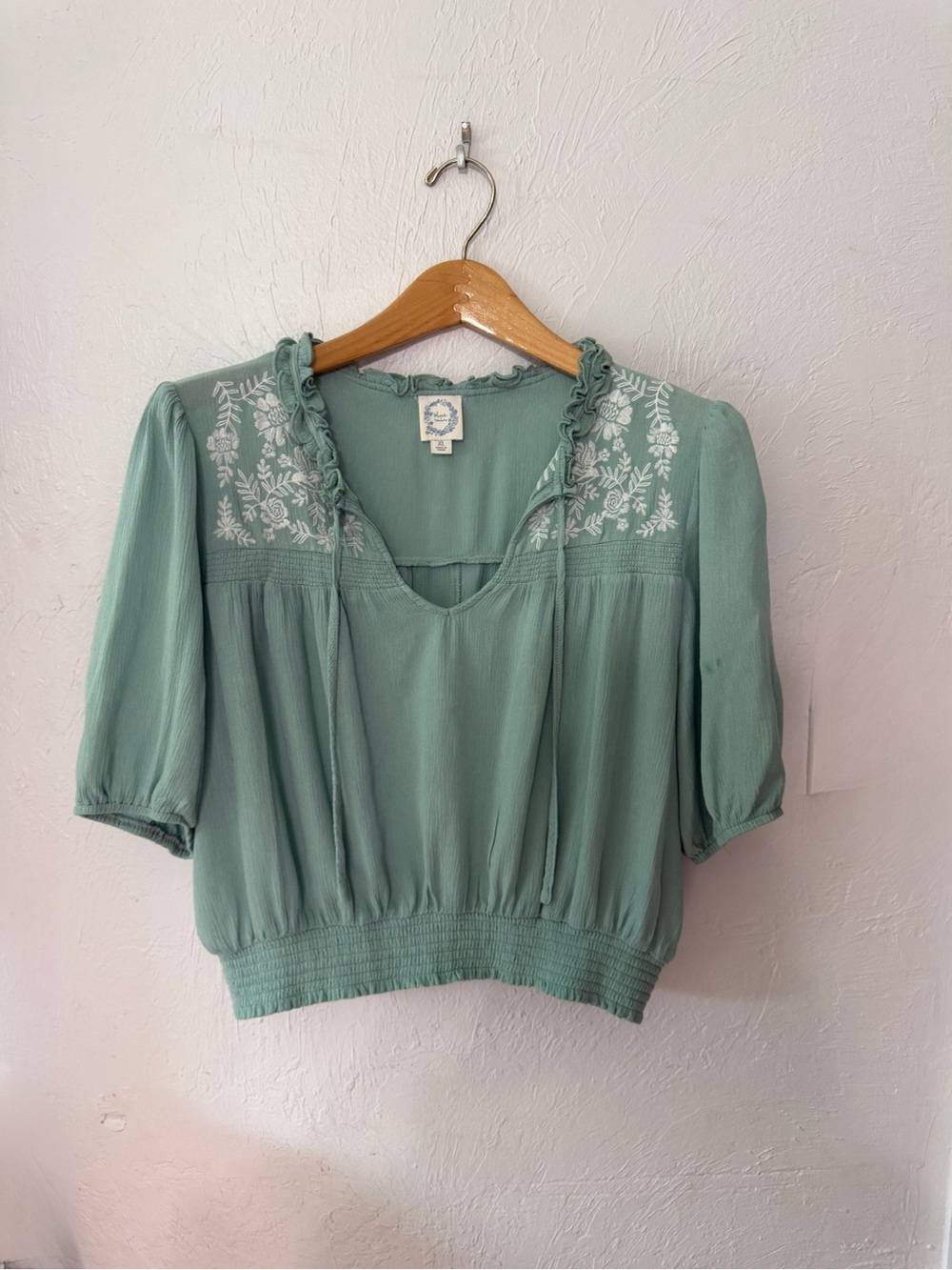 Blue Rain Sage Green Embroidered Peasant Blouse